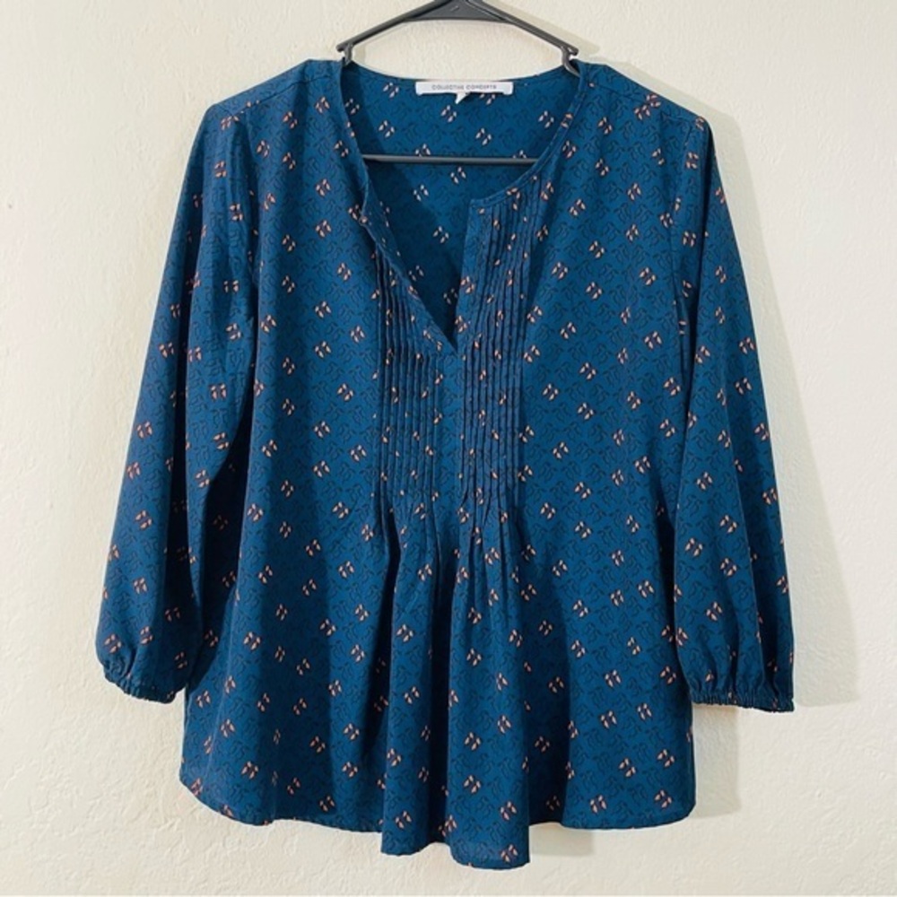 Collective Concepts Teal Printed Pintuck Peasant Blouse